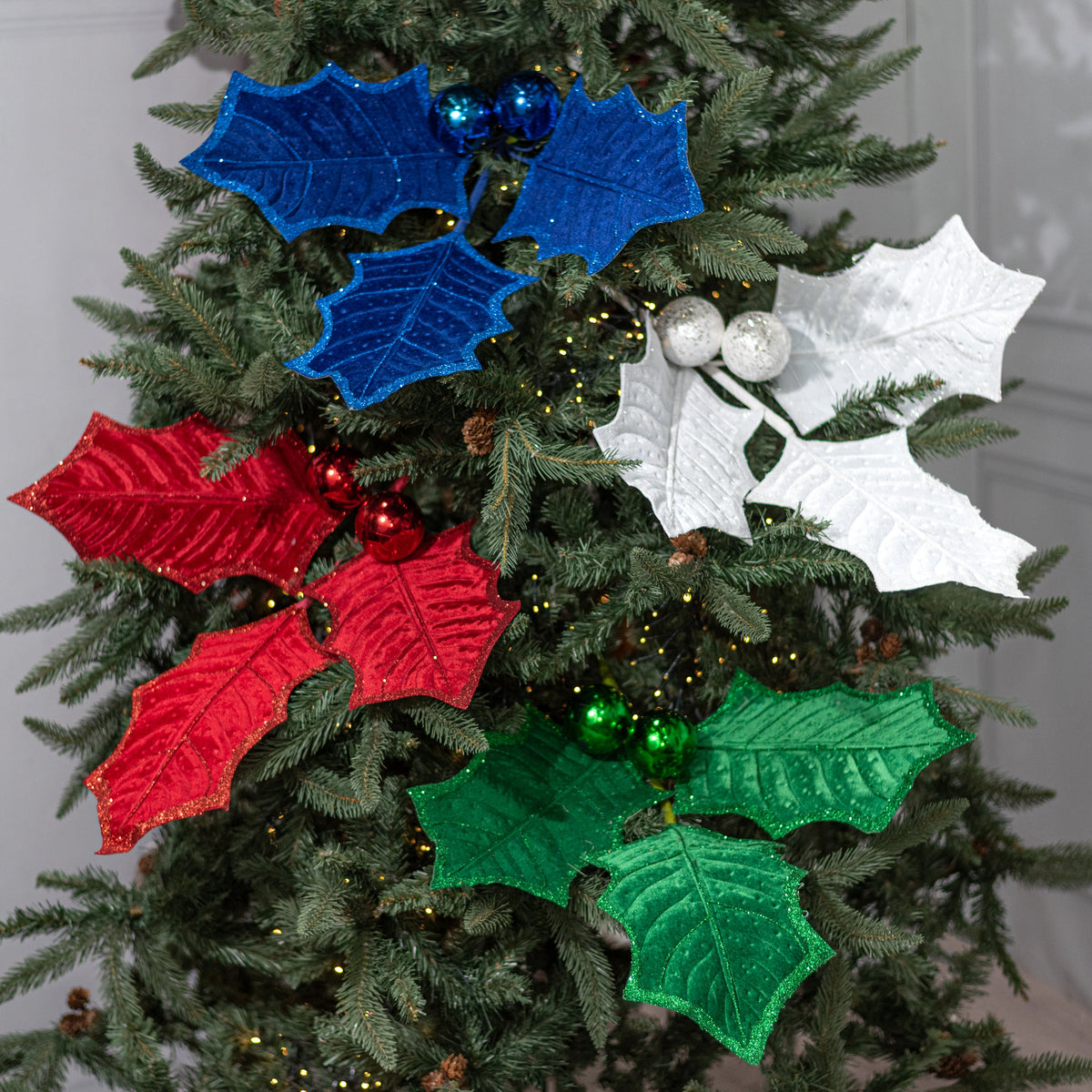 39" Jumbo Velvet Holly Leaves Spray: Red Lifestyle Photo