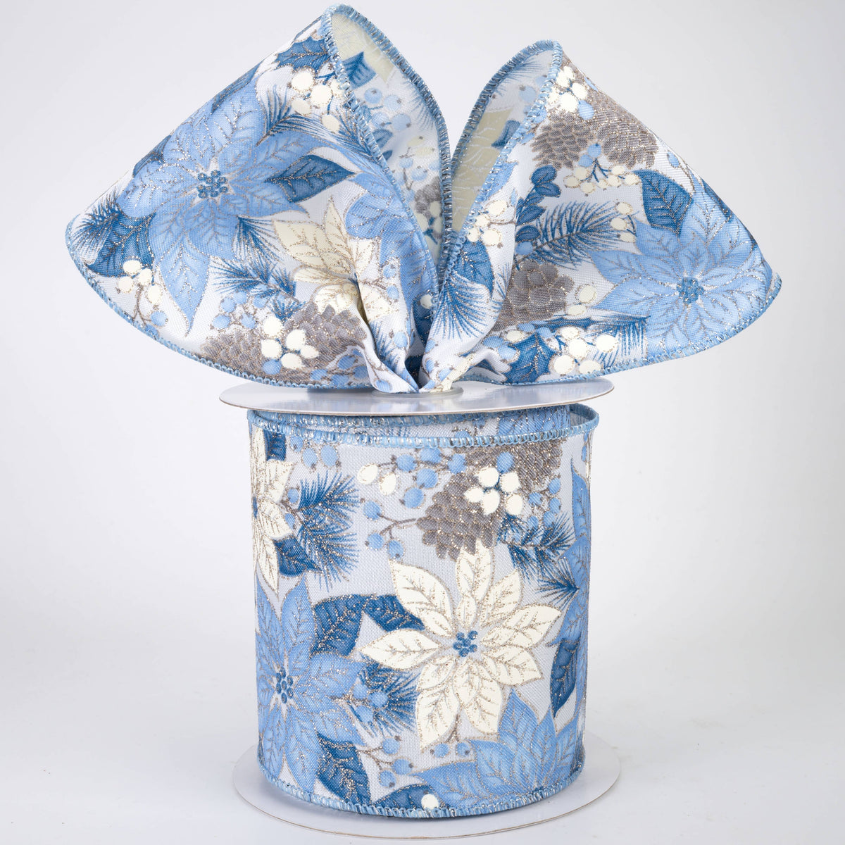 4" Poinsettias & Pinecones Ribbon: Blue & Ivory (10 Yards)