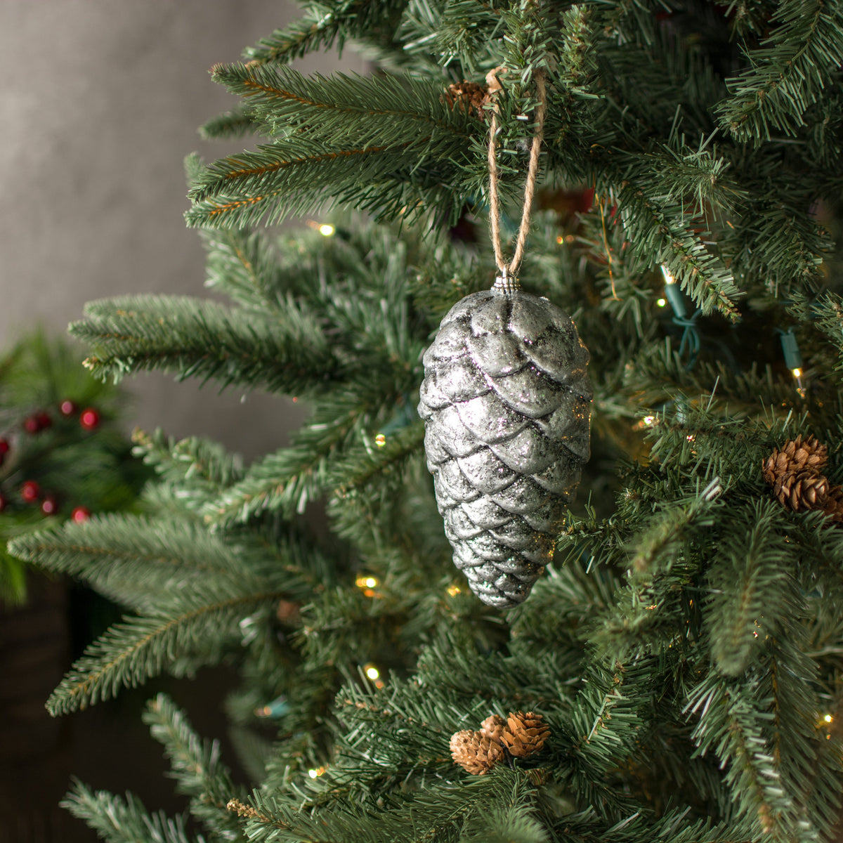 6.5" Rustic Lightweight Ornament: Silver Pinecone Lifestyle Photo