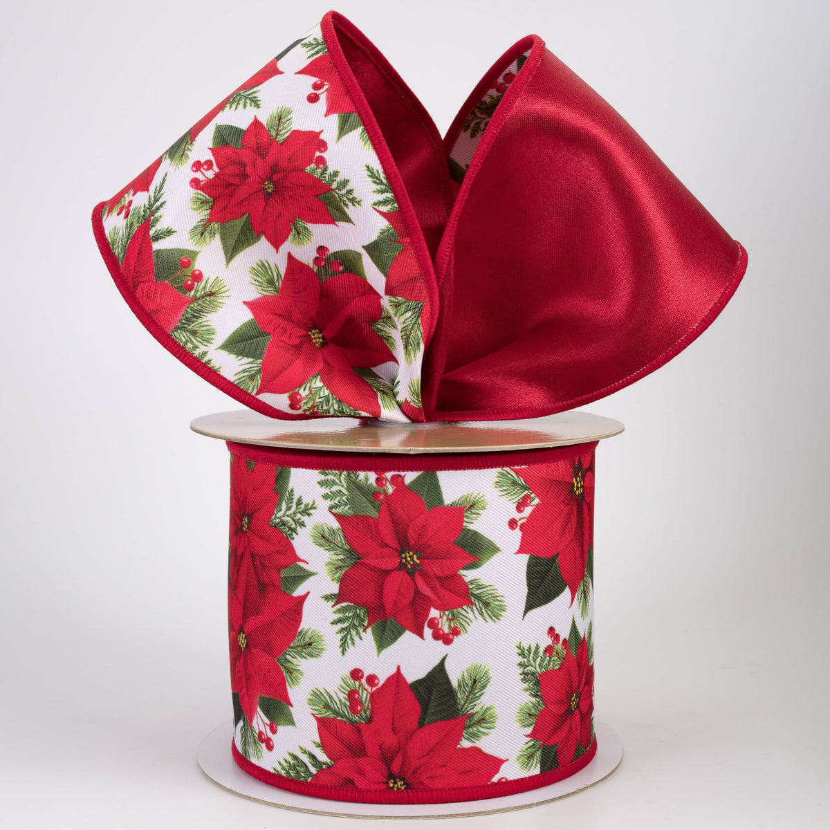 4" Double Sided Fused Red Poinsettia Ribbon (10 Yards)