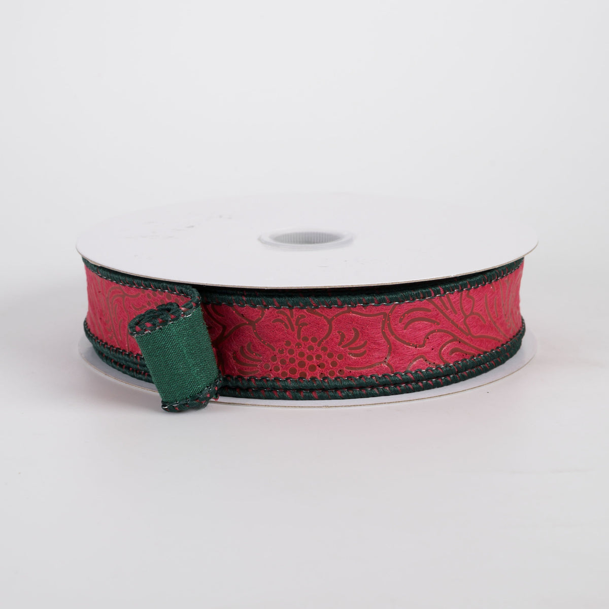 7/8" Double Sided Embossed Floral & Dupioni Ribbon: Red & Hunter Green (10 Yards) Item Number: D72453-05-07