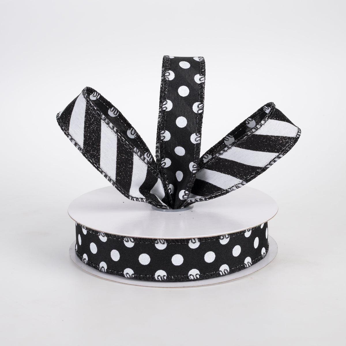 7/8" Double Sided Satin Dots & Glitter Candy Cane Stripes Ribbon: Black & White (10 Yards) Lifestyle Photo