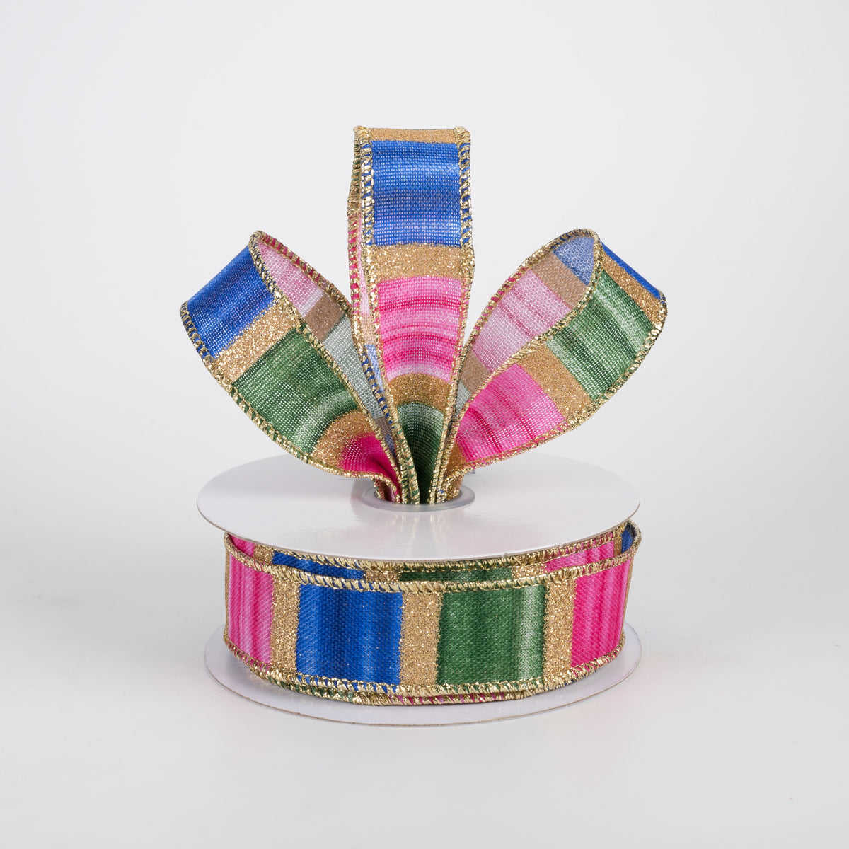 7/8" Glittered Watercolor Stripes Ribbon: Blue, Fuchsia, Green & Gold (10 Yards) Lifestyle Photo