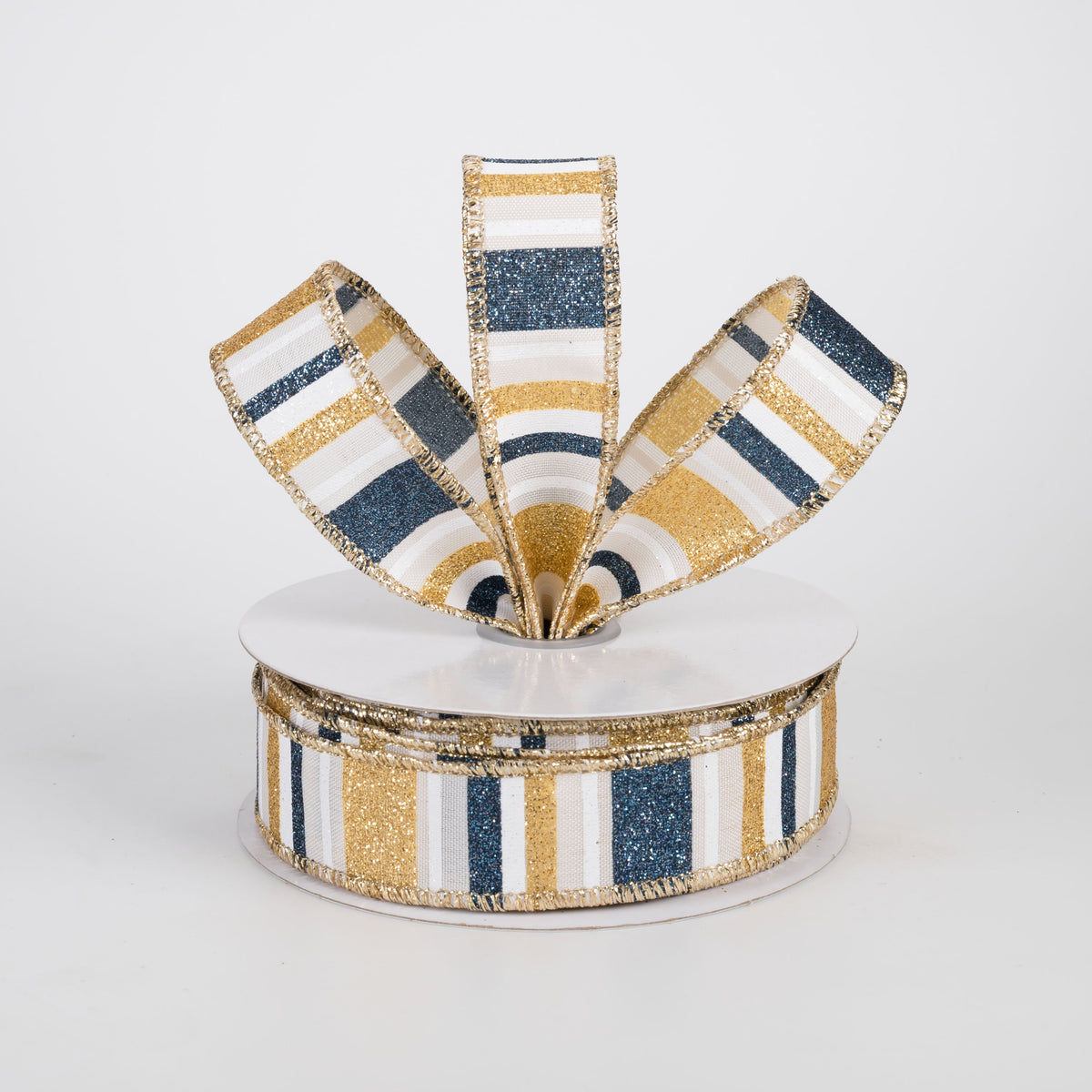 7/8" Multi Glitter Stripes Ribbon: Smoke Blue, Gold, Cream & White (10 Yards) Lifestyle Photo