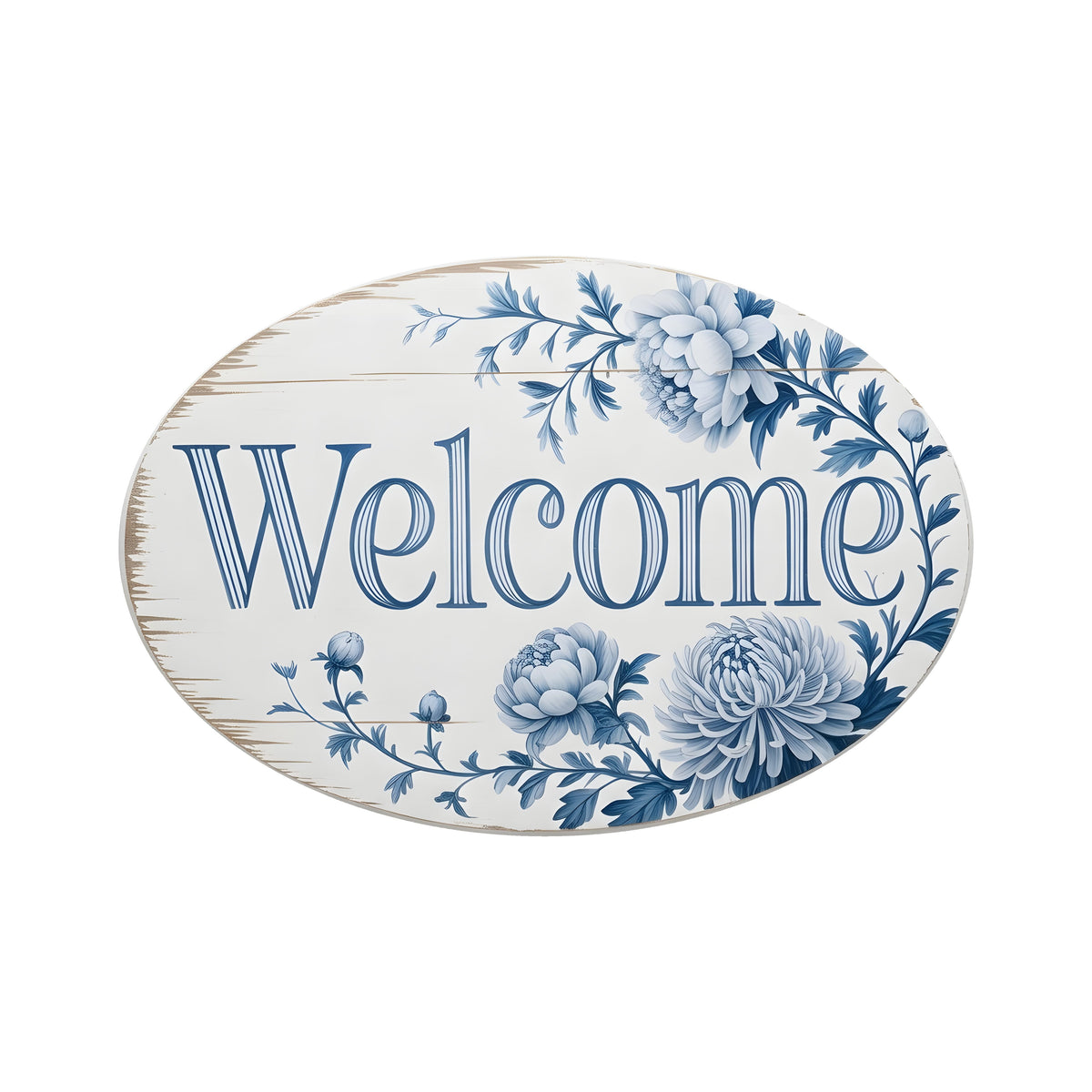 8.5" Oval Waterproof Sign: Blue & White Floral Rustic Welcome Item Number: CD1244NH-085