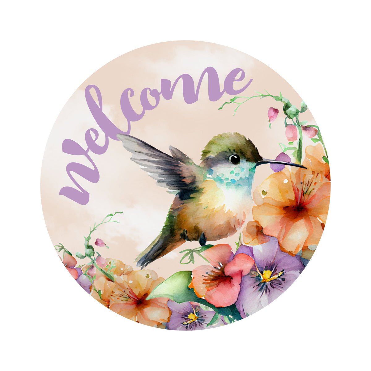 8.5" Round Waterproof Sign: Baby Hummingbird Welcome Purple Item Number: CD1010NH-085