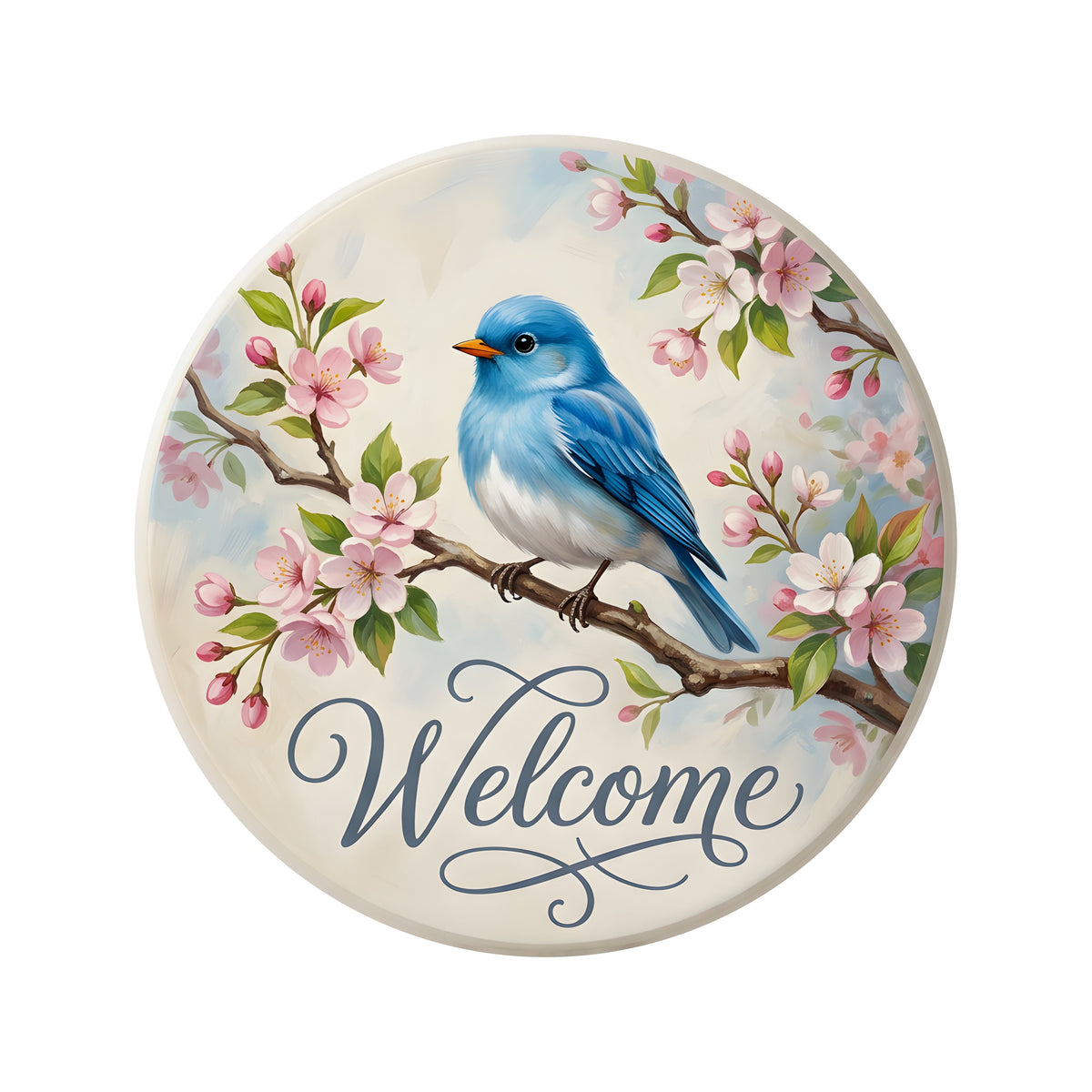 8.5" Round Waterproof Sign: Bluebird Welcome Cherry Blossoms Item Number: CD1381NH-085