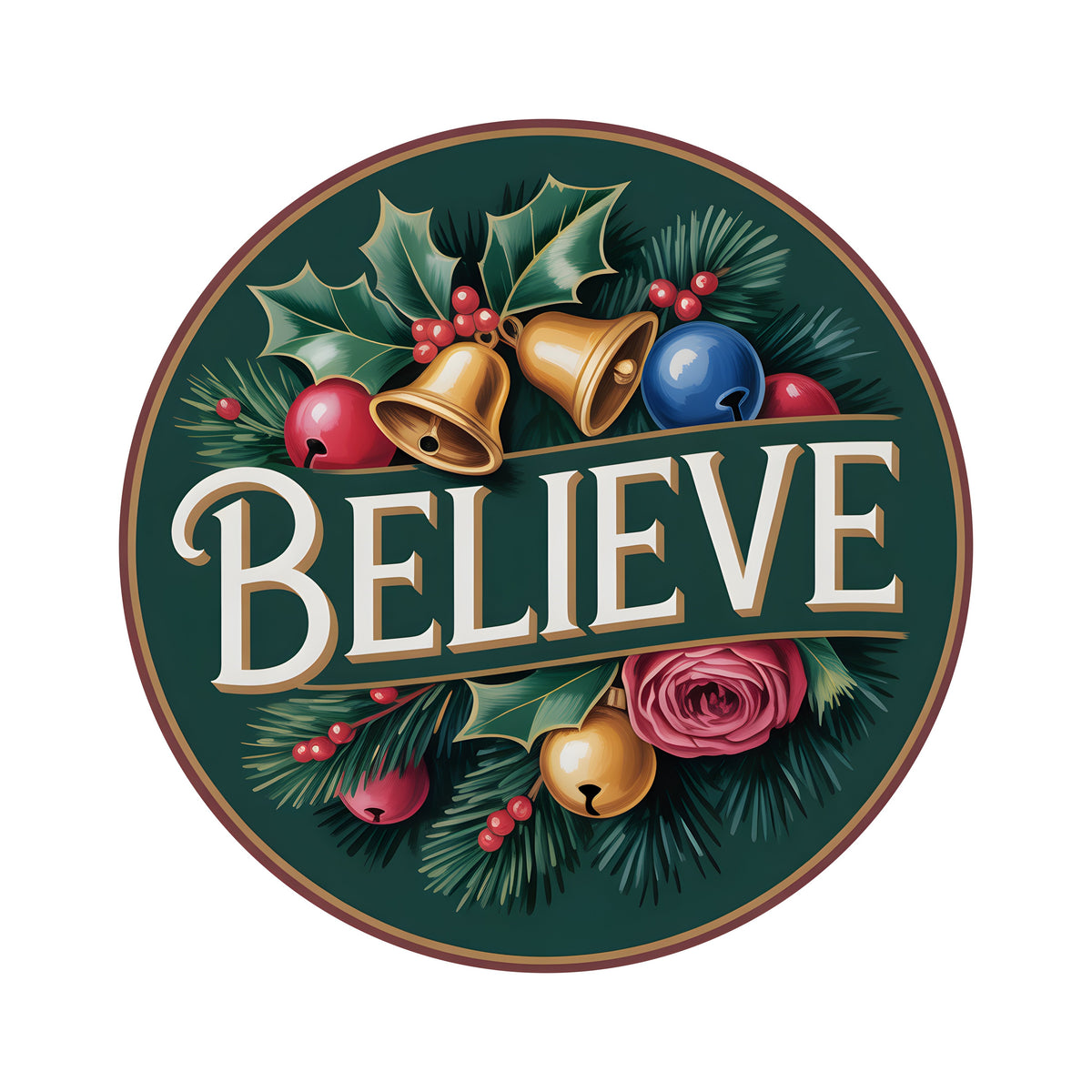 8.5" Round Waterproof Sign: Green Jewel Tone Believe Bells  Item Number: CD1449NH-085