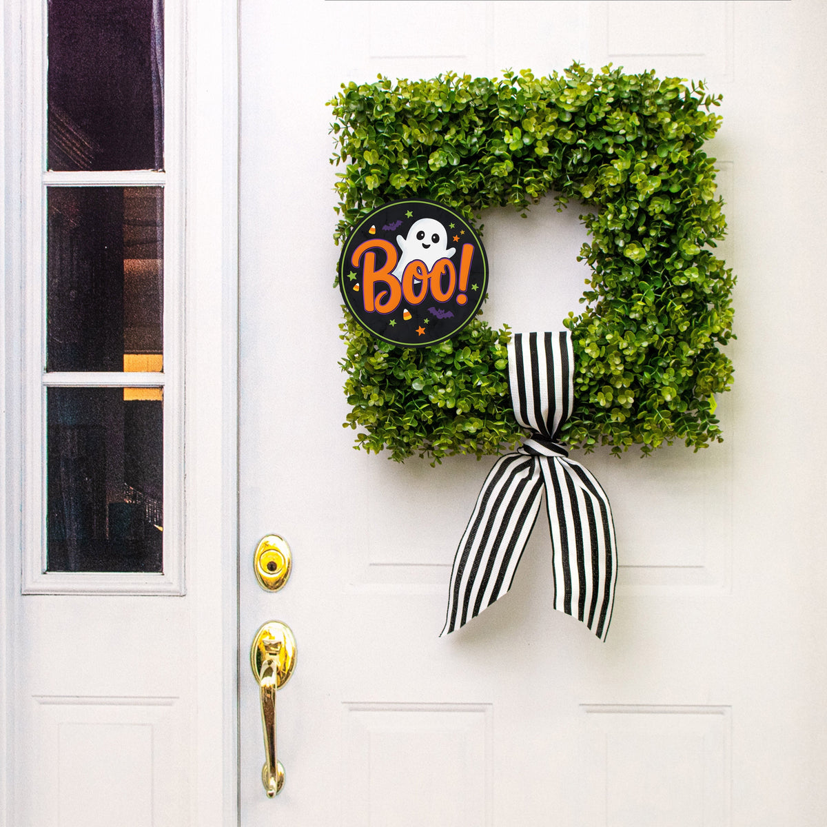 8.5" Round Waterproof Sign: Halloween Boo Smiling Ghost Lifestyle Photo