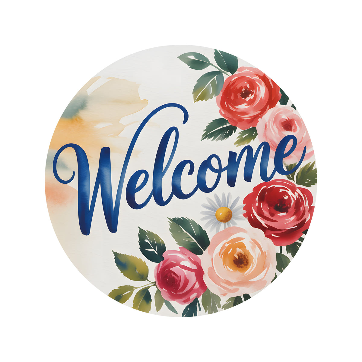8.5" Round Waterproof Sign: Roses Coral Red Floral Welcome Item Number: CD1350NH-085