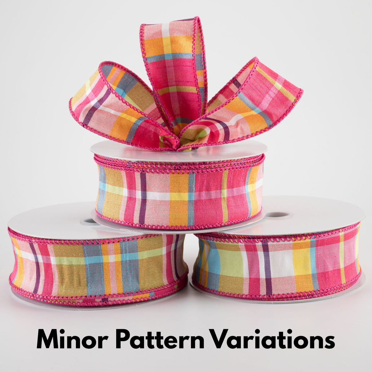 1.5" Faux Dupioni Plaid Ribbon: Fuchsia, Lime, Blue & Yellow (10 Yards)