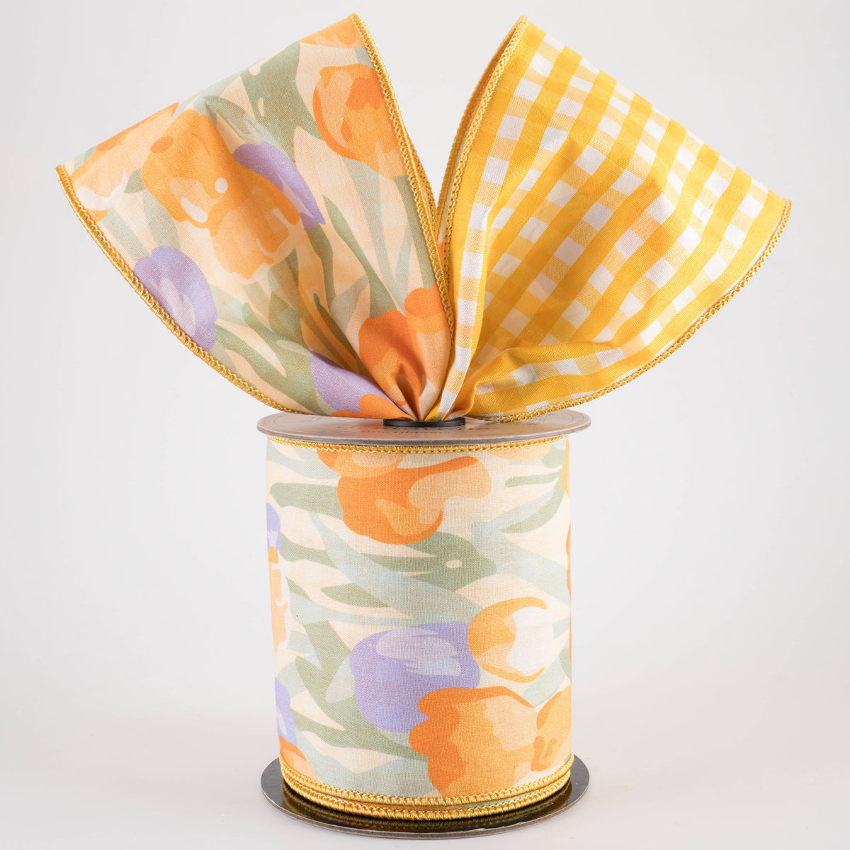 [D Stevens] 4" Poplin Watercolor Tulips Check Back Ribbon: Yellow (5 Yards)