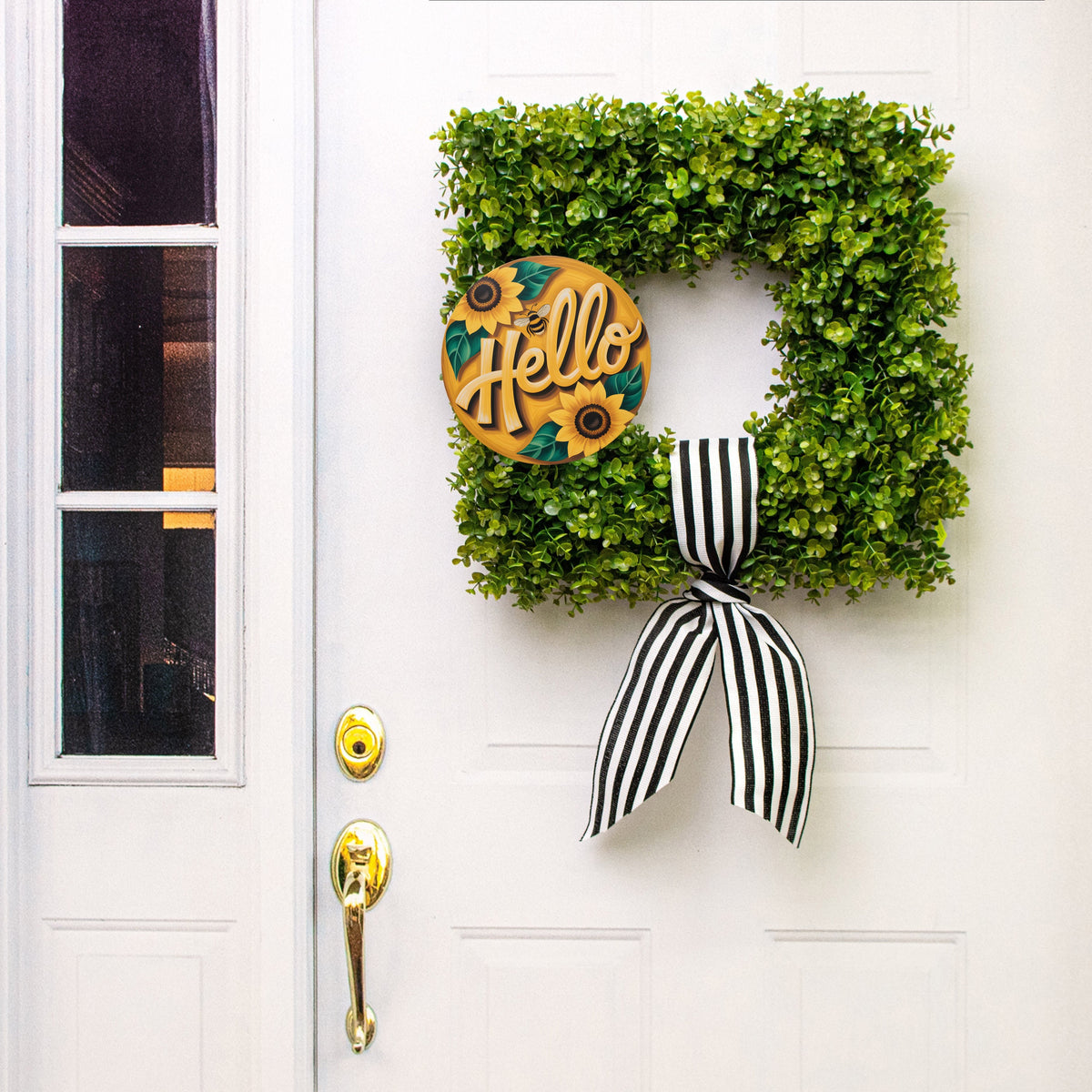 9.4" Round Waterproof Sign: Hello Sunflowers and Bumblebee Lifestyle Photo