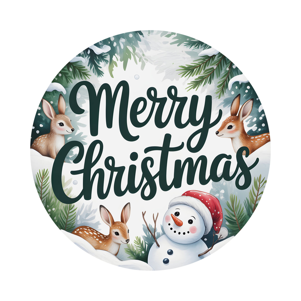 9.4" Round Waterproof Sign: Merry Christmas Snowman and Deer Item Number: CD1384NH-094
