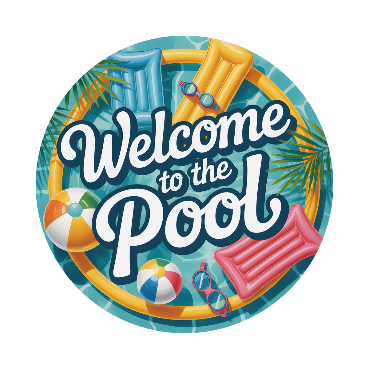 9.4" Round Waterproof Sign: Summer Pool Welcome Floats and Beach Balls Item Number: CD1376NH-094