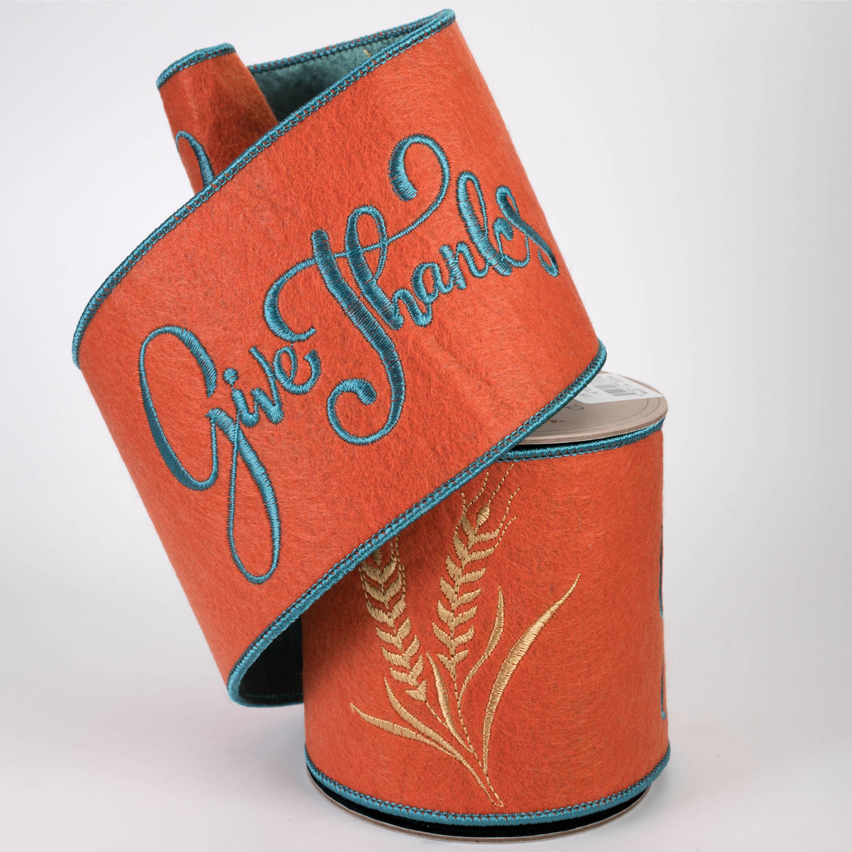 [D Stevens] 4" Embroidered Felt Give Thanks Ribbon: Teal & Orange (5 Yards)