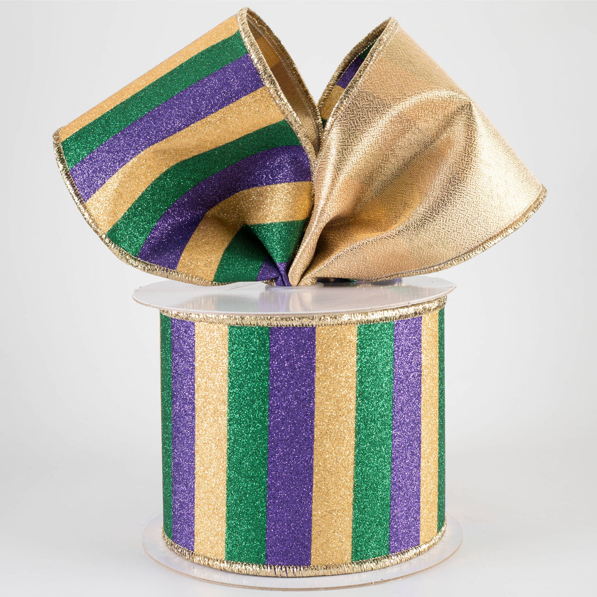 4" Double Sided Fused Glitter Stripes Ribbon: Mardi Gras (10 Yards)