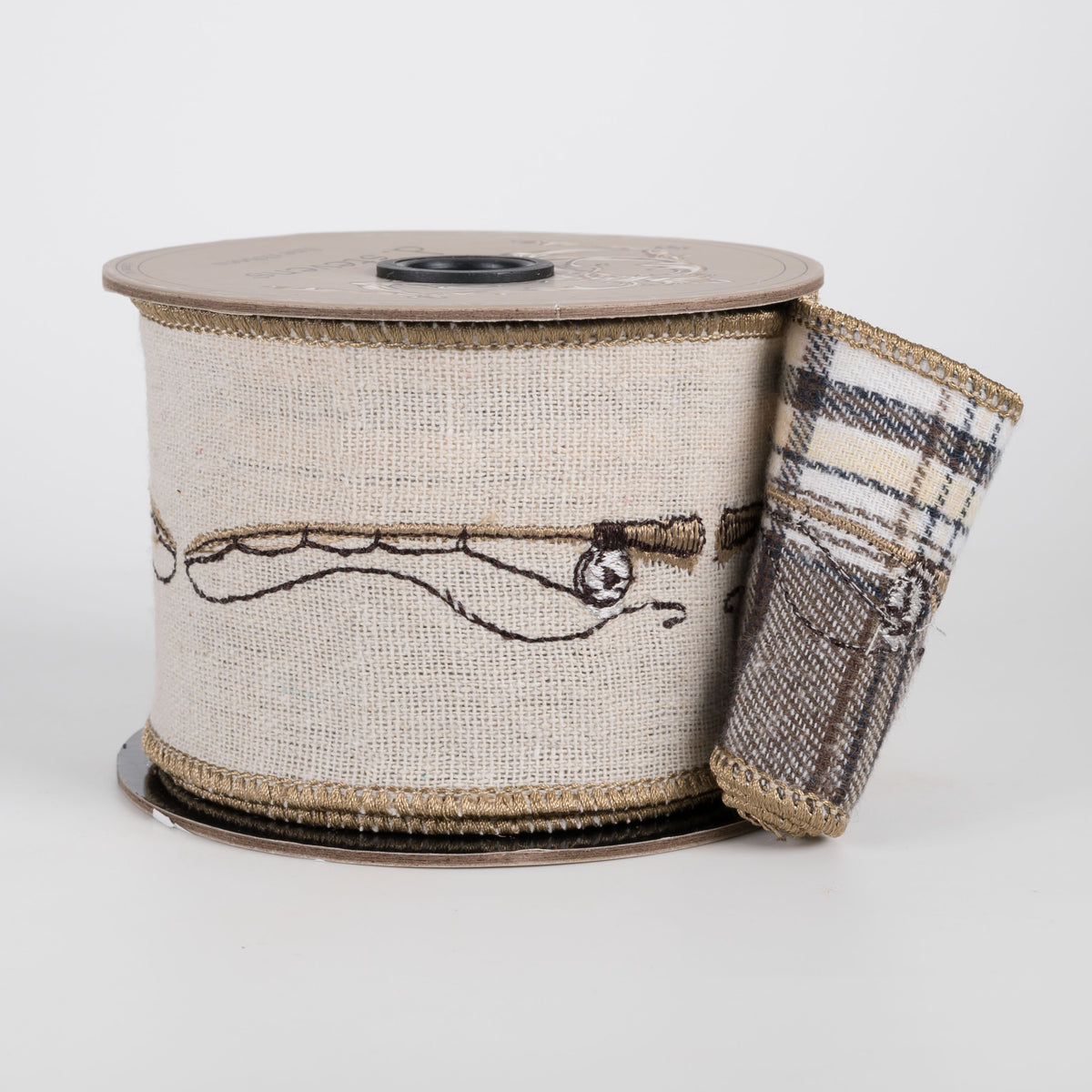 [D Stevens] 2.5" Linen Embroidered Fishing Rod Ribbon: Plaid Back Natural (5 Yards)
