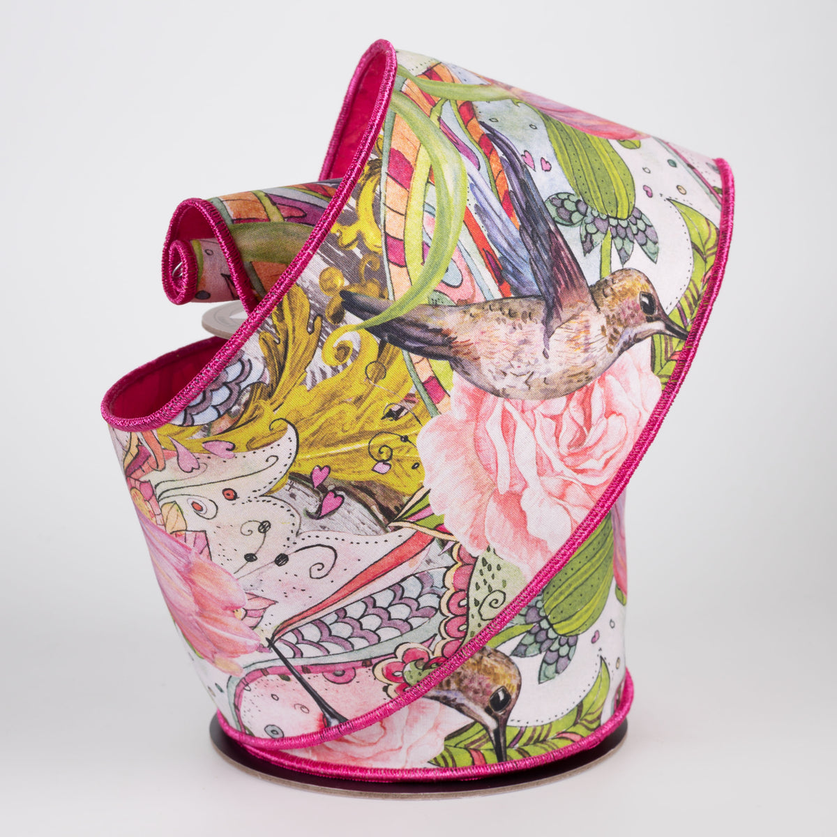 [D Stevens] 4" Taffeta Spring Floral Garden Hummingbird Ribbon: Hot Pink (10 Yards)