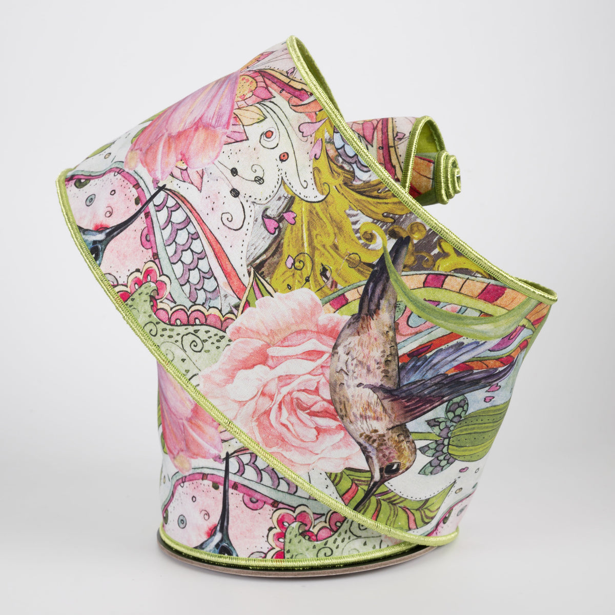 [D Stevens] 4" Taffeta Spring Floral Garden Hummingbird Ribbon: Lime (10 Yards)