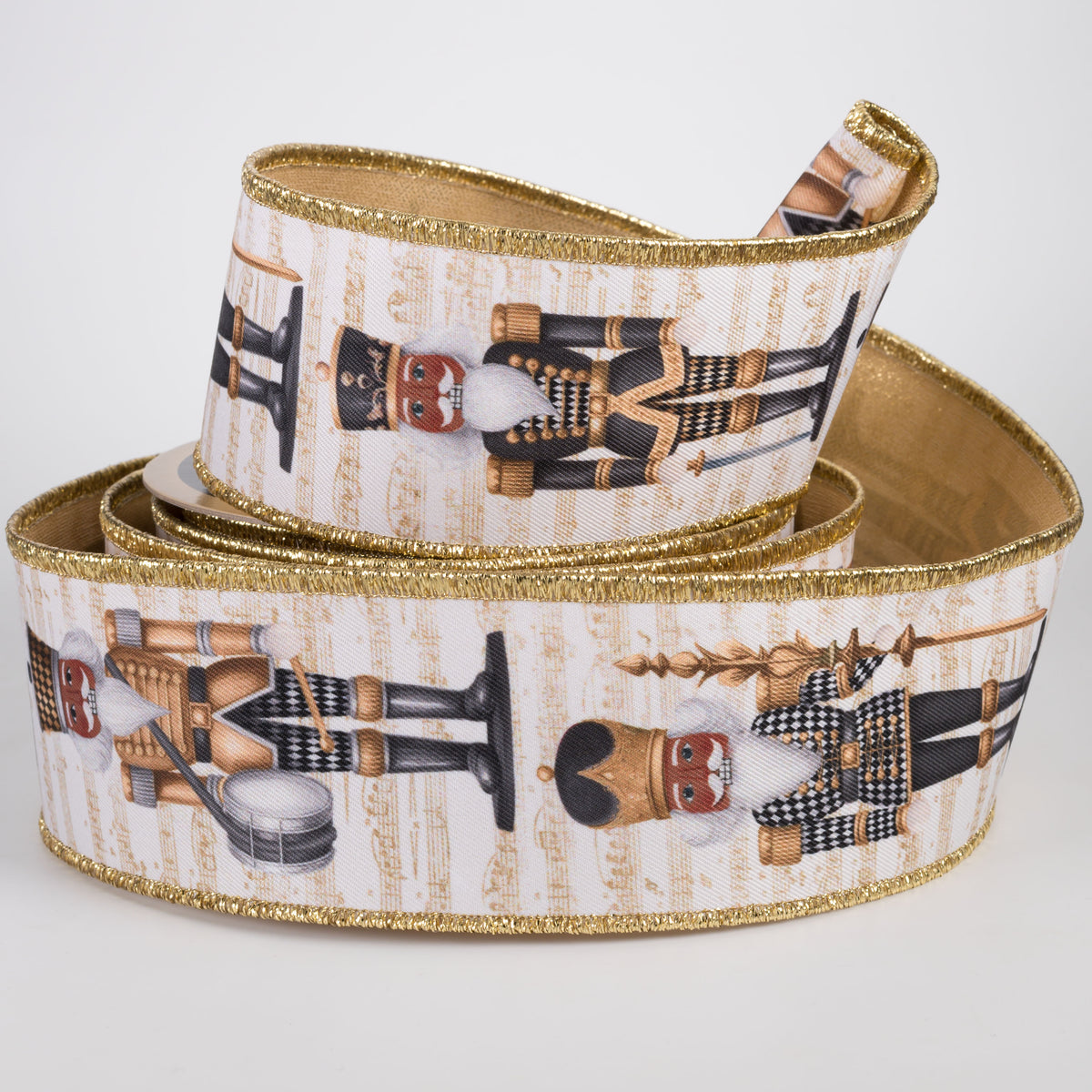 2.5" Double Sided Fused Brown Nutcracker Ribbon: Black Harlequin & Gold Lamé (10 Yards)