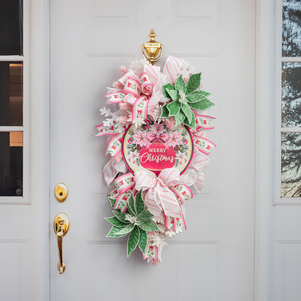 12" Round Metal Sign: Merry Christmas Ornament & Pink Poinsettias