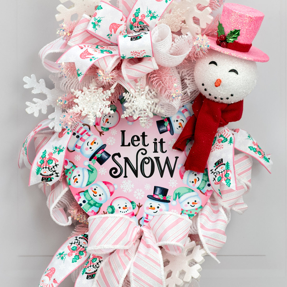 12" Round Metal Sign: Pink Let it Snow Snowmen