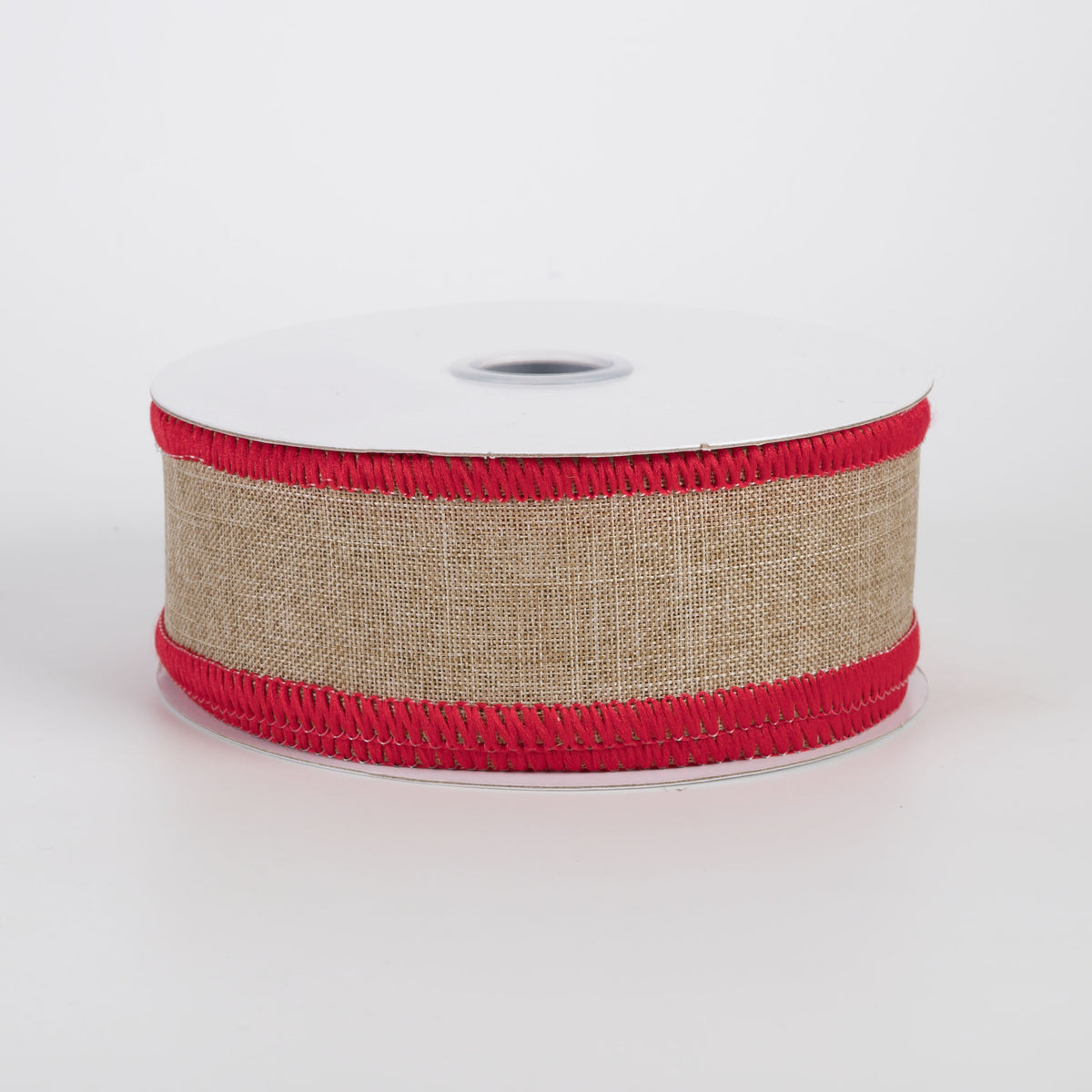 1.5" Stitched Edge Ribbon: Natural & Red (10 Yards)