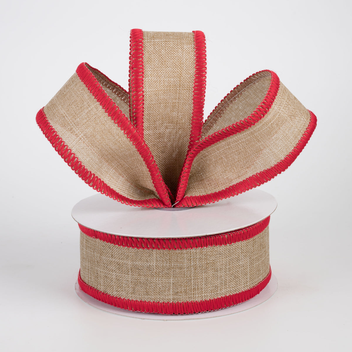 1.5" Stitched Edge Ribbon: Natural & Red (10 Yards)