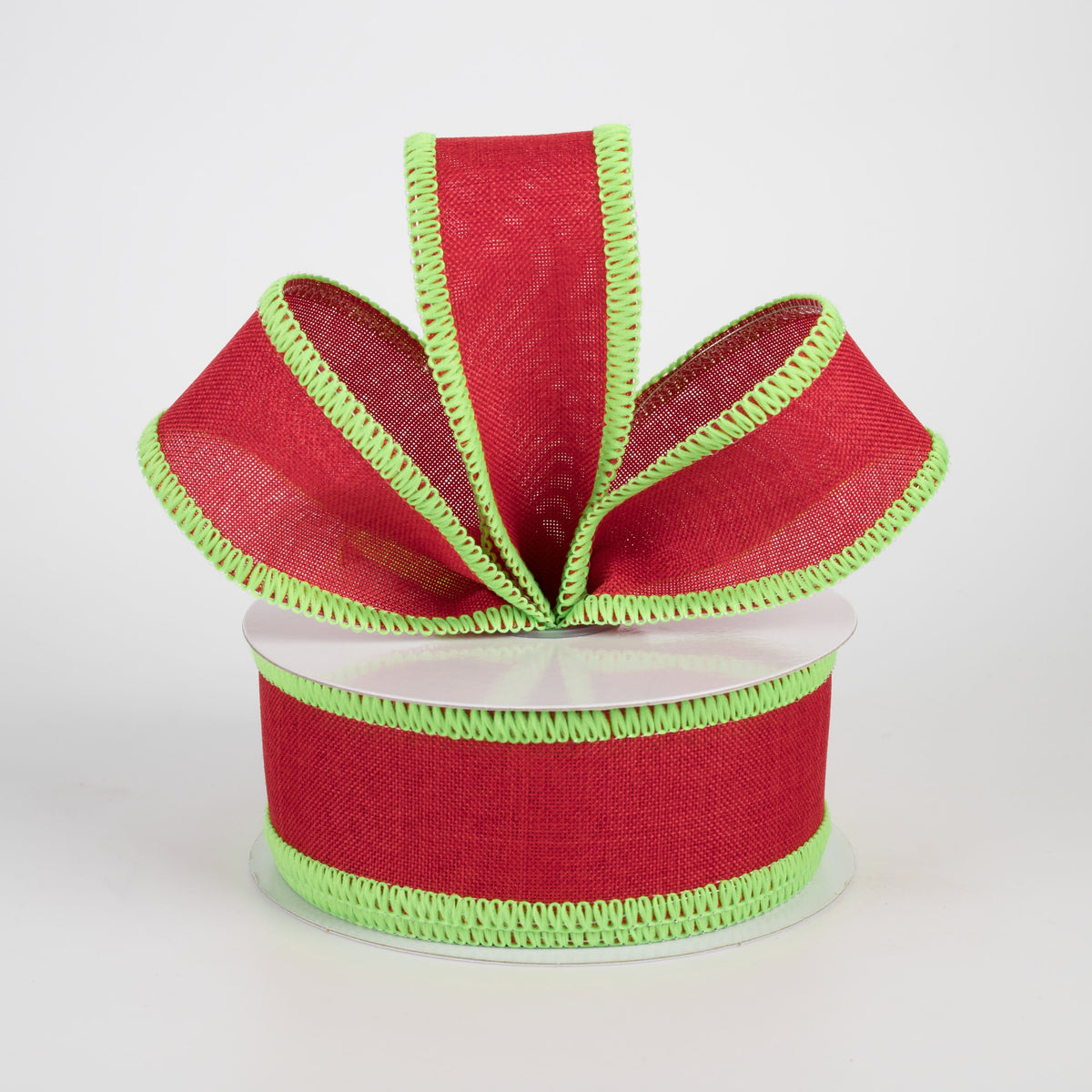 1.5" Stitched Edge Ribbon: Red & Lime Green (10 Yards)