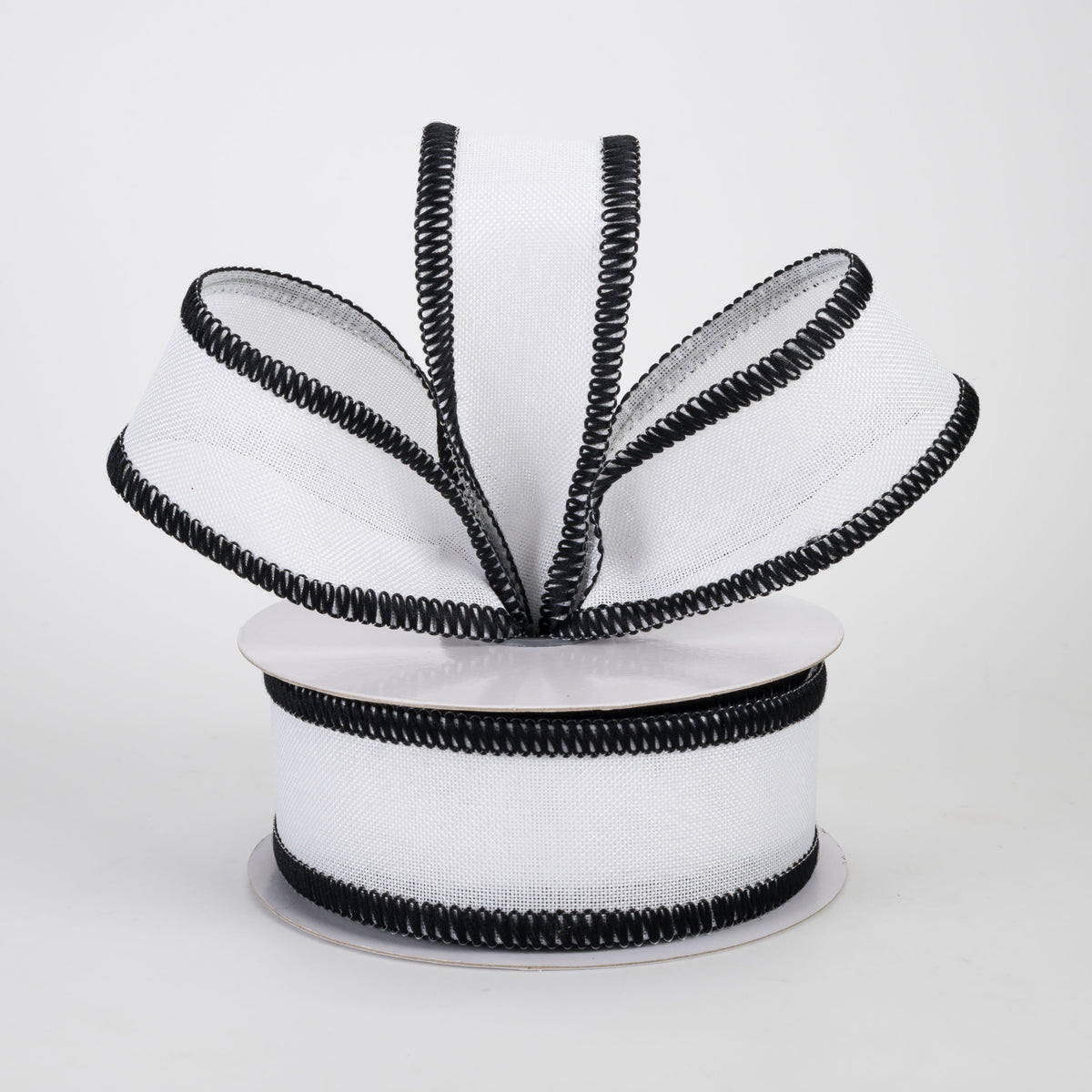 1.5" Stitched Edge Ribbon: White & Black (10 Yards)