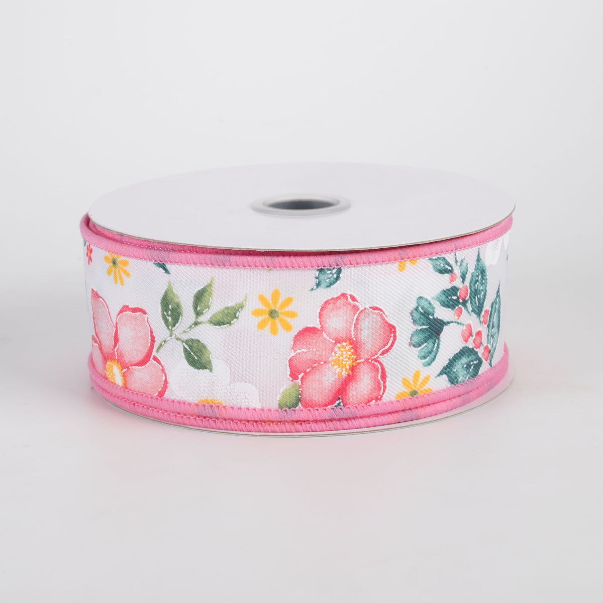 1.5" Watercolor Flowers Ribbon: Dark Rose, Coral, Green, Teal (10 Yards)