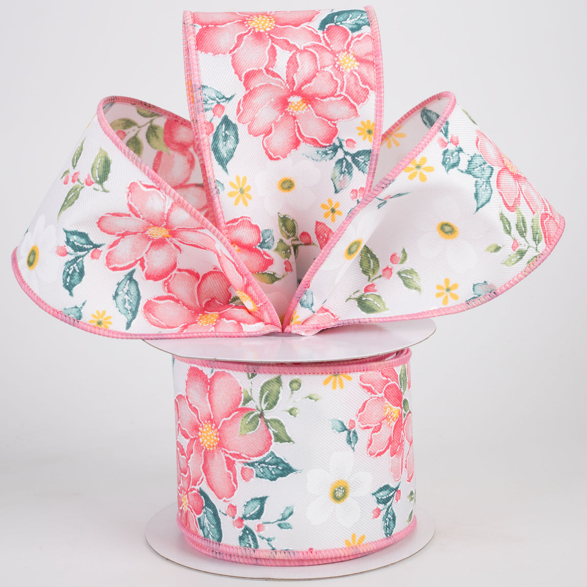 2.5" Watercolor Flowers Ribbon: Dark Rose, Coral, Green, Teal (10 Yards)