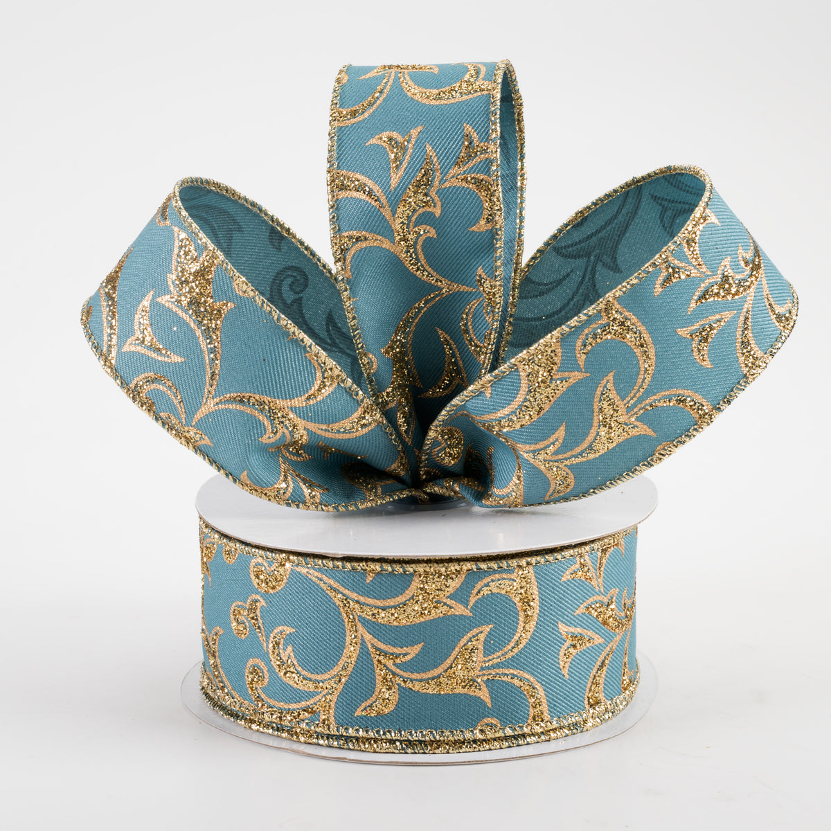 1.5" Acanthus Leaf Ribbon: Smoke Blue & Gold (10 Yards) Lifestyle Photo