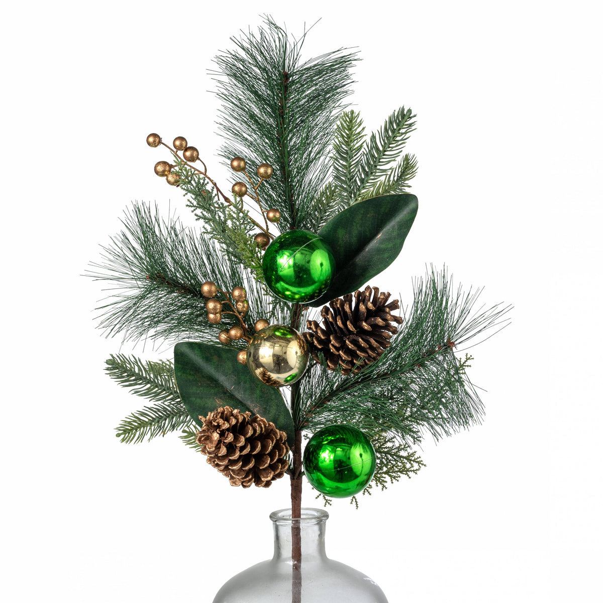 30" Mixed Pine, Pinecone & Metallic Ball Spray: Green & Gold