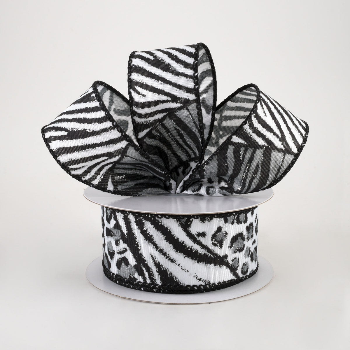 1.5" Animal Print Mania Ribbon: White, Black, Silver (10 Yards) Lifestyle Photo