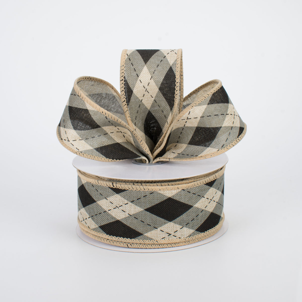 1.5" Argyle Plaid Ribbon: Black & Natural (10 Yards) Lifestyle Photo