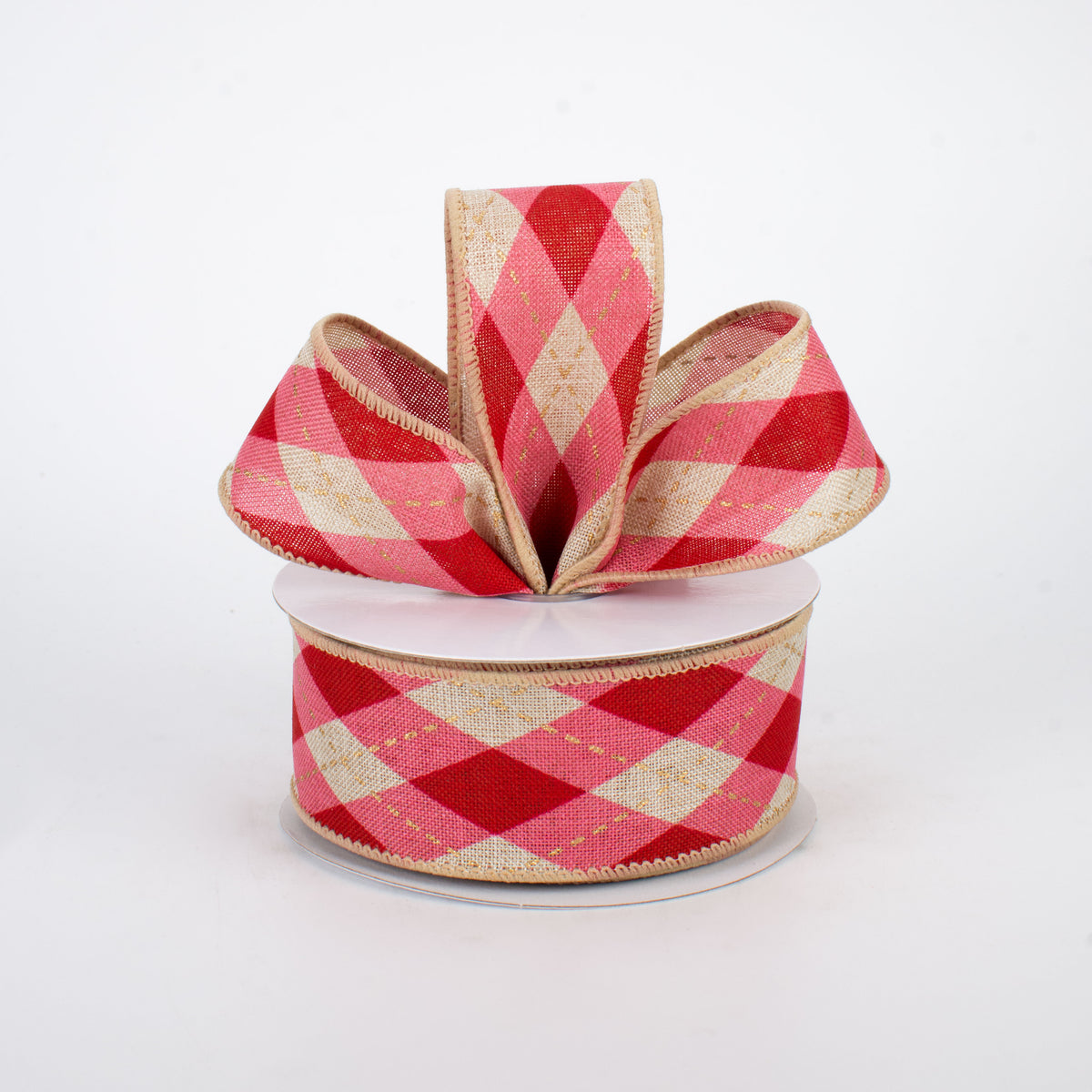 1.5" Argyle Plaid Ribbon: Pink, Red, Natural (10 Yards) Lifestyle Photo