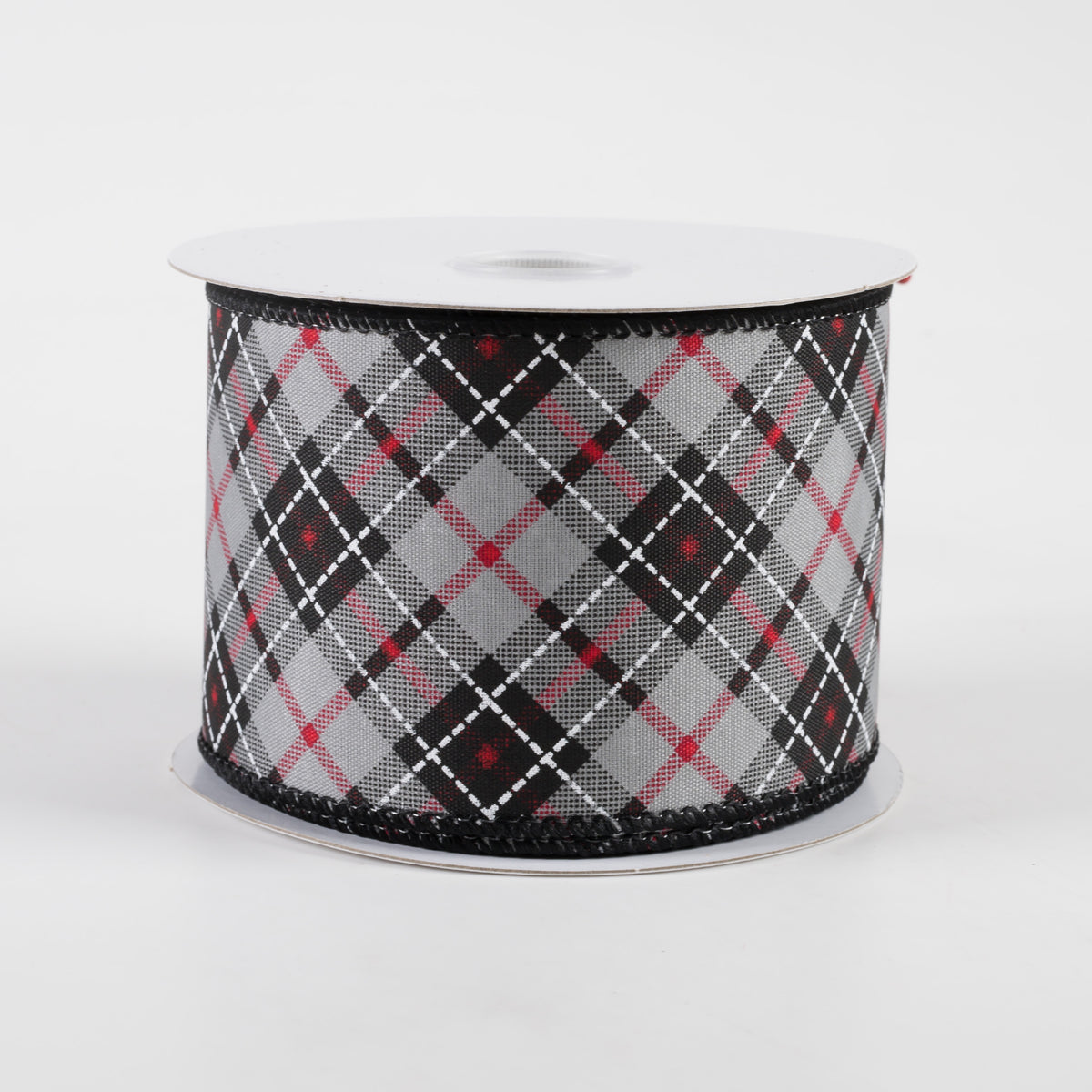 2.5" Argyle Satin Ribbon: Grey, Black, White, Red (10 Yards) Item Number: 71225-40-51