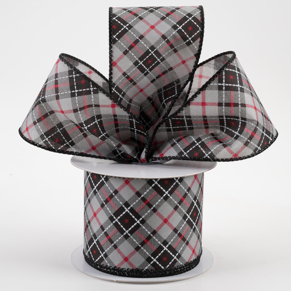 2.5" Argyle Satin Ribbon: Grey, Black, White, Red (10 Yards) Lifestyle Photo