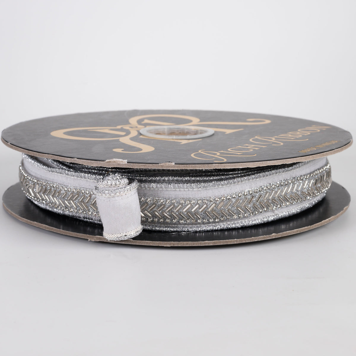 1" Beaded Center Trim Dupioni Ribbon: Grey & Silver (10 Yards) Item Number: RR0100
