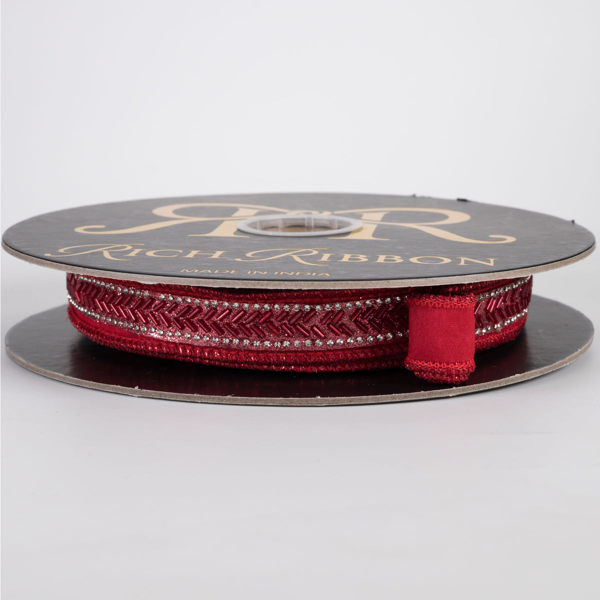 1" Beaded Center Trim Dupioni Ribbon: Red & Silver (10 Yards) Item Number: RR0098