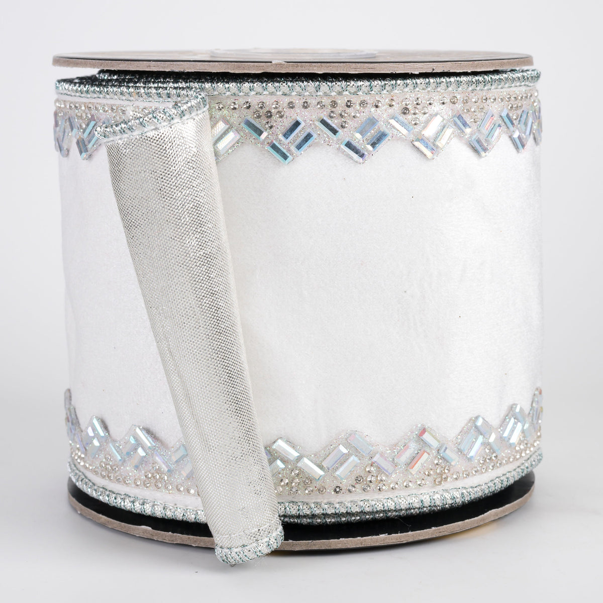 4" Beaded Edge Trim Velvet & Metallic Dupioni Fused Ribbon: White & Silver (5 Yards) Item Number: RR0041