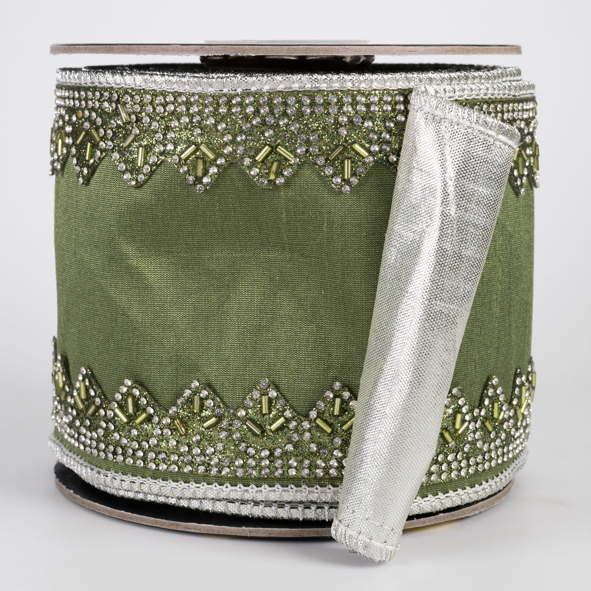 4" Beaded Leaf Edge Trim Dupioni & Metallic Dupioni Fused Ribbon: Moss Green & Silver (5 Yards) Item Number: RR0038