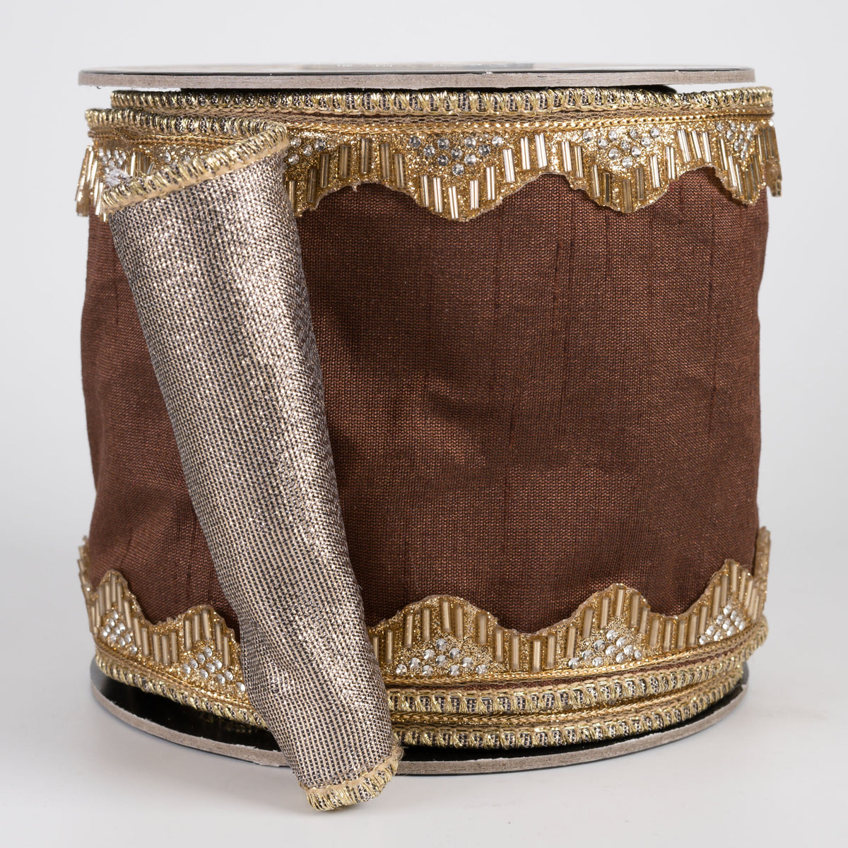 4" Beaded Scalloped Edge Trim on Metallic Backed Dupioni Ribbon: Brown & Gold (5 Yards) Item Number: RR0067