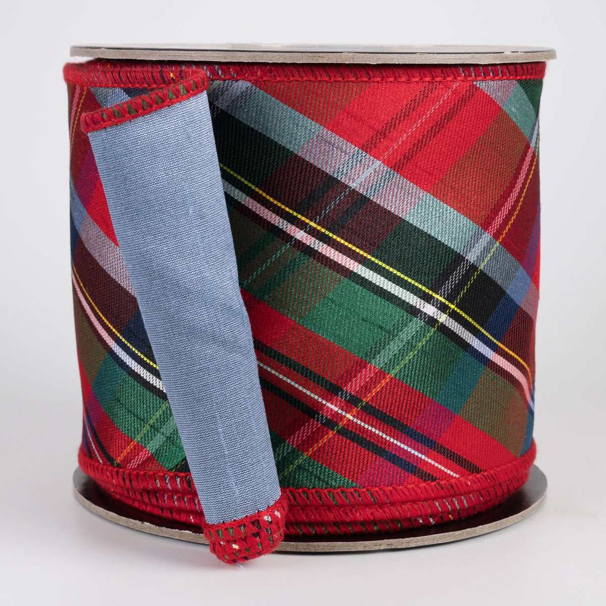 4" Bias Tartan Plaid Dupioni & Taffeta Fused Ribbon: Classic Red & Light Blue (10 Yards) Item Number: RR0088