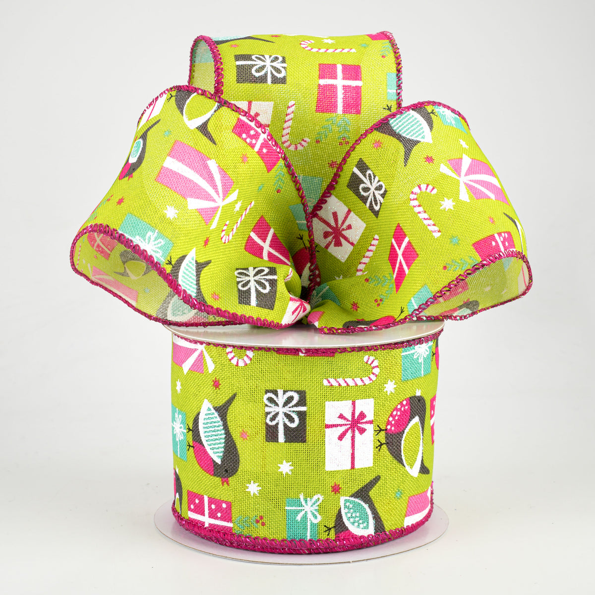 2.5" Bird & Christmas Present Ribbon: Fresh Green, Pink, Aqua (10 Yards) Lifestyle Photo
