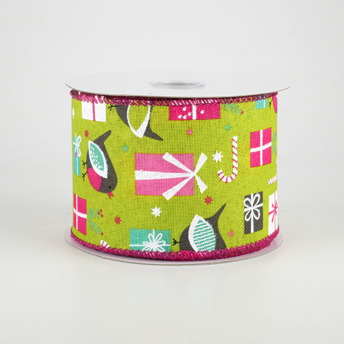 2.5" Bird & Christmas Present Ribbon: Fresh Green, Pink, Aqua (10 Yards) Item Number: 71014-40-29
