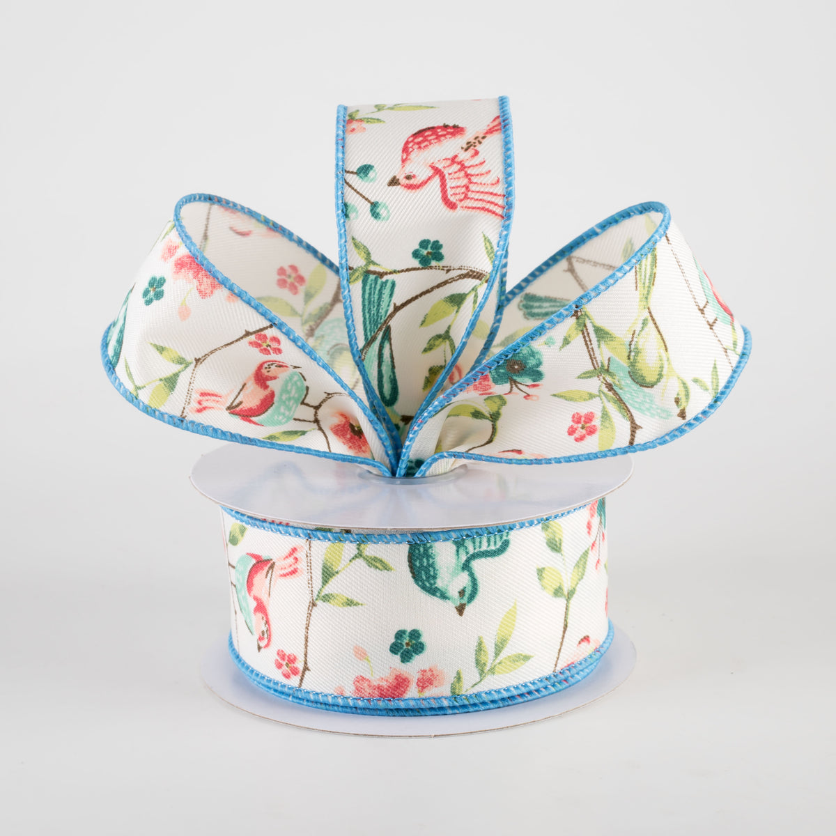 1.5" Birds With Floral Branches Ribbon: Ivory, Green, Teal, Rose (10 Yards) Lifestyle Photo