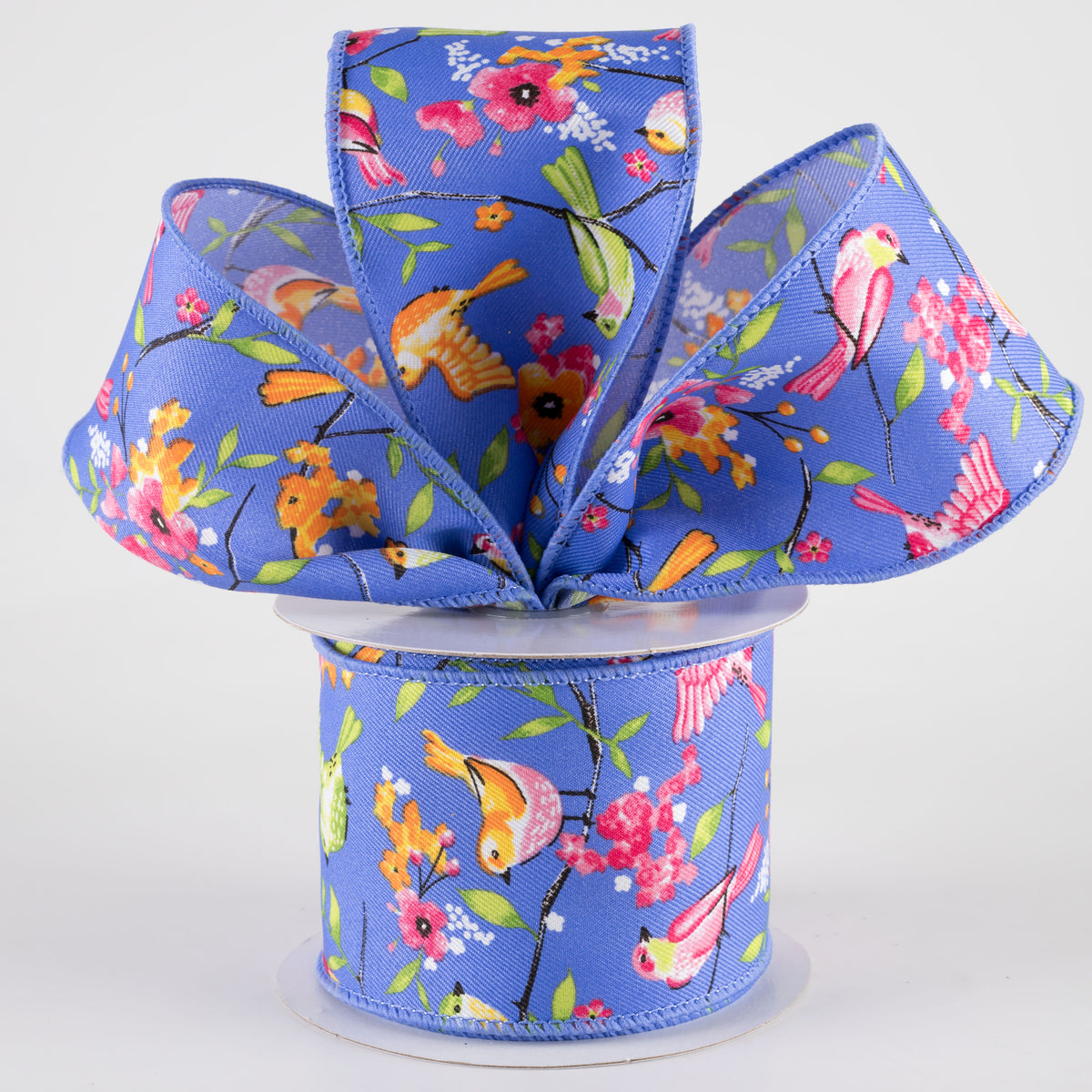 2.5" Birds With Floral Branches Ribbon: Medium Blue, Pink, Orange (10 Yards) Lifestyle Photo